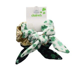 Claire St Patricks Day Hair Scrunchies 3 Pack Shamrocks Gold Lame